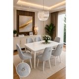 DEREN HOME Fierra 80x130 MDF Açılabilir Masa + 6 Adet Silinebilir Gümüs Halkalı Mdf Sandalye Yemek Salon Mutfak Masası Takımı GRİ