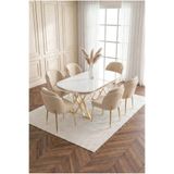 DEREN HOME Milano Gold Serisi 90x168 MDF Masa Metal Ayak Yemek Mutfak Takımı6 Adet SilinebilirSandalye KAPİÇİNO