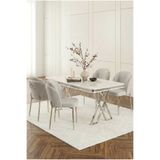 DEREN HOME Rigella Gümüş 80x130 Beyaz Sabit Mdf Masa Metal Ayaklı 4 Adet Sandalye Masa Takımı Açık Gri