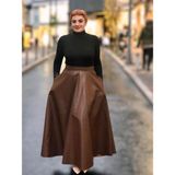 Deri Cepli Kloş Uzun Etek - Kahve - 3XL
