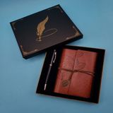 Deri Defter ve Tükenmez Kalem Karton Kutu Kahverengi - 1 - Çok Renkli