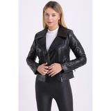 Deri Effect Kadın Siyah Hakiki Deri Biker Vintage Mont