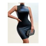 Deri Elbise Skinny Fit Kesim Boğazlı Sıfır Kol