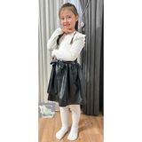 Deri Etekli Fırfırlı Omuz Detaylı Deri Kemerli Kız Çocuk Elbise - Siyah - 5 Yaş