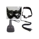 Deri Fantezi Maske Siyah + Deri Fantezi Ağız Topu + Deri Fantazi Şaplak+deri Fantazi Kırbaç 4 Lü Set fant9169