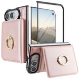 Deri iPhone Duo Kapak, Ekran Koruyucu Kart Yuvaları | Katlanabilir Carcasa Rotasyon Halka Tutucu Parmak İzi Darbe Proof Caso,Pembe, Duo 7.6″