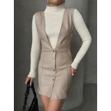 Deri jile elbise bej w24796