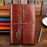 Deri Kapaklı Bağcıklı Defter – Retro Vintage Tarz, Eskitme Sayfalar, Yaprak Desenli, Çizgisiz Spiralli Günlük, Hatıra, Not, Anı Ajanda Defteri Zarif Hediyelik - KAHVERENGİ