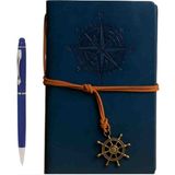 Deri Kapaklı Vintage Defter Vip Kalem Hediyeli Kraft Sayfa Günlük Not Ajanda Anı Hatıra Defteri - MAVİ