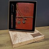 Deri Pusula Tasarımlı Defter ve Metal Kalem Seti - Çok Renkli - 1