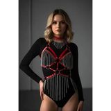 Deri ve Zincir Detaylı Harness Takım, Deri Dansçı Kostüm, Choker Detaylı Deri Harness (Kırmızı)