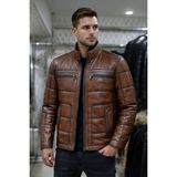 Deri Work Erkek Kahverengi Deri Mont E07 Slim Fit Taba Renk Kaliteli İşçilikle Üretildi - 2XL