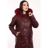 Deri Work Hakiki Deri Bordo Kapşon Kürklü Kadın Ceket - 3XL