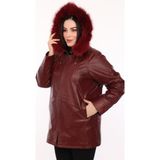 Deri Work Hakiki Deri Bordo Kapşonlu Kürklü Kadın Ceket - 3XL