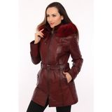 Deri Work Hakiki Deri Bordo Kemerli Kürklü Kadın Ceket - 2XL