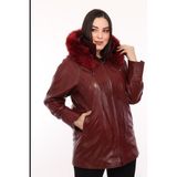 Deri Work Hakiki Deri Bordo Yaka Kürklü Kadın Ceket - 3XL