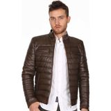 Deri Work Hakiki Deri Kahverengi Fermuarlı Şişme Erkek Deri Ceket - 2XL