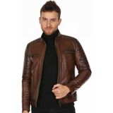 Deri Work Hakiki Deri Kahverengi Fermuarlı Spor Erkek Deri Ceket - XL