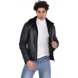 Deri Work Hakiki Deri Kürk Yaka Siyah Erkek Deri Mont Yandan Cepli Deri Ceket - 0 - Siyah - 2XL