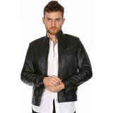 Deri Work Hakiki Deri Siyah Spor Fermuarlı Erkek Deri Ceket - 0 - Siyah - XL
