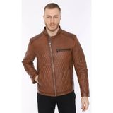 Deri Work Hakiki Deri Taba Erkek Deri Mont Baklava Desen Fermuarlı Deri Ceket - XL