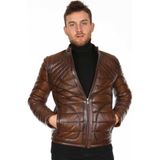 Deri Work Hakiki Deri Taba Erkek Deri Mont Düz Çizgi Desenli Fermuarlı Deri Ceket - XL