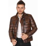 Deri Work Hakiki Deri Taba Erkek Deri Mont Düz Çizgi Desenli Fermuarlı Şişme Deri Ceket - 2XL