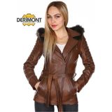 Deri Work Hakiki Kuzu Derisi Kahverengi Beli Kemerli Kürklü Kadın Ceket - 0-Kahverengi - 2XL
