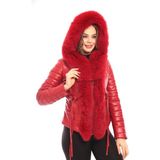 Deri Work Hakiki Kuzu Derisi Kürk Yaka Kadın Deri Mont - Kırmızı - 3XL