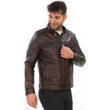 Deriburada Erkek Cep Detaylı Dik Yaka Hakiki Deri Mont - 1229 - Kahverengi - 3XL
