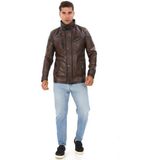 Deriburada Erkek Dik Yaka Deri Ceket - 7103 - Kahverengi - 2XL