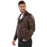 Deriburada Erkek Ingiliz Yaka Hakiki Deri Biker Mont - Kahverengi