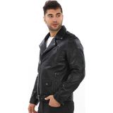Deriburada Erkek Ingiliz Yaka Hakiki Deri Biker Mont - Siyah - 2XL