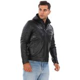 Deriburada Erkek Kapüşonlu Hakiki Deri Mont - Siyah - 2XL