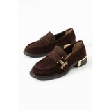 dericia shoes Velvet Hakiki Deri Kahverengi Süet Günlük Rahat Kadın Loafer Ayakkabı