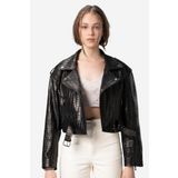 Dericlub H.quinn Crop Biker Kadın Deri Mont Siyah Baskılı