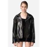 Dericlub Pamela Unisex Silme Oversize Biker Hakiki Deri Mont Siyah/bej