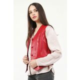 DERİCLUB Vittoria Kadın Düğmeli Slim Fit Hakiki Deri Yelek B.KIRMIZI