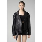 Dericlub Wm031 Jumbo Oversize Biker Gerçek Deri Kadın Mont