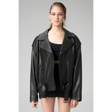 Dericlub WM031 Jumbo Oversize Biker Gerçek Deri Unisex Mont - Siyah - XS