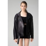 Dericlub WM031 Lacivert Jumbo Oversize Biker Deri Kadın Mont