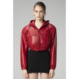Dericlub WM036 Kapüşonlu Gerçek Deri Crop Mont - XL - Kırmızı