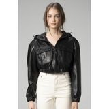 Dericlub WM036 Kapüşonlu Gerçek Deri Crop Mont - XS - Siyah