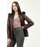 Dericlub YB-2096 Kapşonlu Deri Kadın Kaban - Koyu Bordo - 6XL