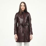 Dericlub YB-2334 Kadın Trençkot Düğmeli Deri 2XL Yaka Tipi ile - Bordo