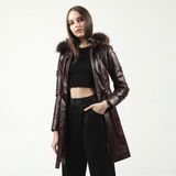 Dericlub YB-2334 Kapşonlu Gerçek Deri Kadın Trençkot - 2XL - Bordo
