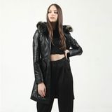 Dericlub YB-2334 Kapşonlu Gerçek Deri Kadın Trençkot - 5XL - Siyah