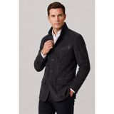 Deriderim Antrasit Felix Erkek Astarlı Slim Fit Dar Kesim Fermuarlı ve Düğmeli Blazer Hakiki Süet Ceket - Koyu Antrasit - 52