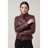 Deriderim Bordo Vintage Hakiki Deri Asimetrik Fermuarlı Kadın Biker Ceket - 40