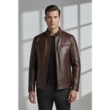 Deriderim Kadın Kahverengi Deri Mont Slim Fit Hakim Yaka Fermuarlı İlkbahar - Sonbahar - 56